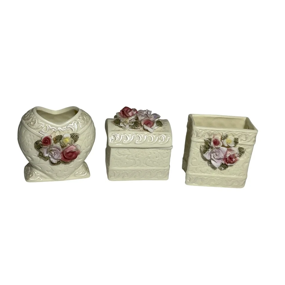 Vintage 90s Ceramic Vanity Set Cottagecore Heart Vase Trinket Box Brush Holder